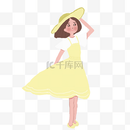 微风拂起少女的裙摆小清新插画PNG