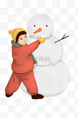 冬日手绘图片_手绘冬季大雪堆雪人小孩人物插画