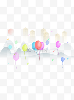 城市建筑图片_漂浮元素彩色气球漫天飞舞