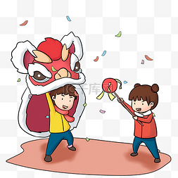 春节传统习俗舞狮手绘插画