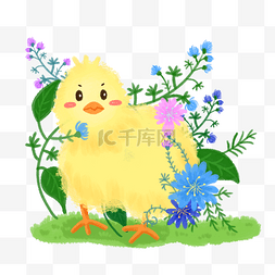 黄色紫色小鸡图片_春天植物动物小鸡插画风
