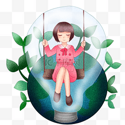 小女孩荡秋千图片_坐在灯泡里荡秋千的小女孩插画