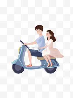 骑电动车的图片_清新可爱骑着电动的情侣插画元素
