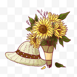 田园黄色图片_卡通手绘向日葵和草帽PNG免抠素材