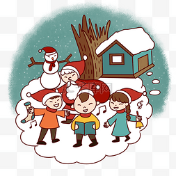 手绘卡通可爱圣诞节小孩子和圣诞