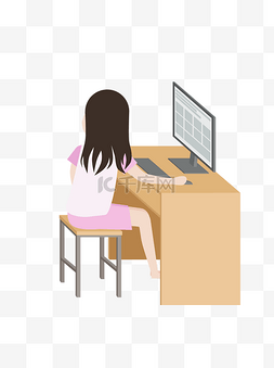 卡通小清新玩电脑的女孩