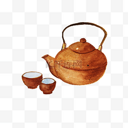 手绘茶杯茶壶图片_水彩手绘养生茶壶茶碗插画