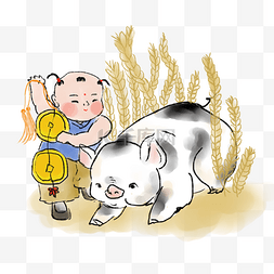 卡通国风男孩图片_2019猪年中国风水墨年画福娃猪