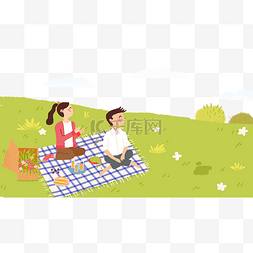 小孩坐在地上图片_手绘卡通坐在草地上野炊的男孩女
