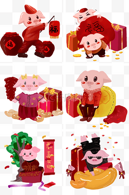 红色中国年卡通小猪插画