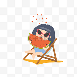 夏日度假小女孩吃西瓜插画