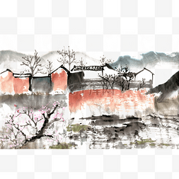 山村水墨画PNG免抠素材