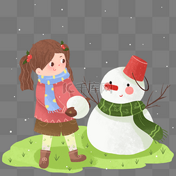 堆雪人下雪插画图片_圣诞节卡通可爱雪人女孩插画