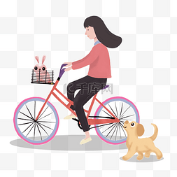 骑单车的女孩图片_手绘领养宠物的女孩