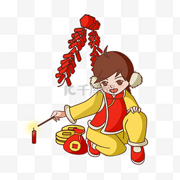 过年鞭炮插画图片_新年点炮仗女孩人物插画