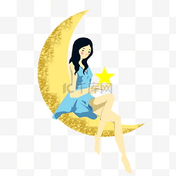梦幻月亮上摘星星的女孩插画