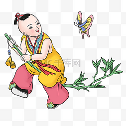 春节复古年画抱竹子的娃娃手绘