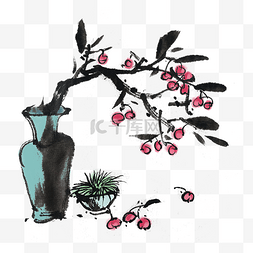 手绘植物黑白插画图片_中国风手绘瓶子果子插画素材