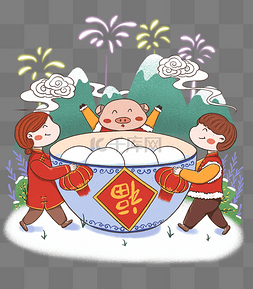 青山白云图片_小清新元宵节抱着碗的人物和猪
