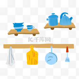 卡通水壶图片_卡通手绘冷色系可爱的厨房厨具用