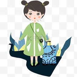 女孩行李箱插画图片_手绘春运蓝色的行李箱插画