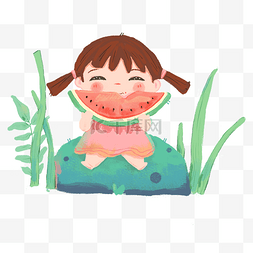 卡通手绘夏日吃西瓜的女孩png图