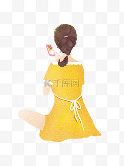 美女玩手机图片_手绘坐下看手机的黄色连衣裙麻花