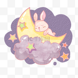 温馨童趣手绘图片_可爱小兔兔抱月亮卡通手绘png