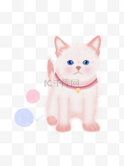 粉色可爱猫咪和毛线球可商用元素