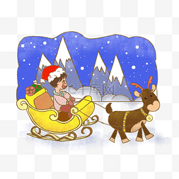 圣诞节小男孩坐雪橇车手绘插画