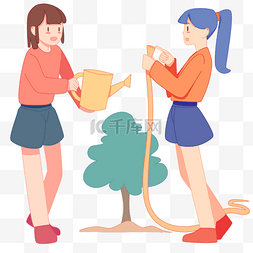 植树节设计图片_卡通手绘植树节女孩给树木浇水