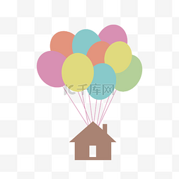 飞向天空的房子图片_炫彩可爱气球飞屋矢量图
