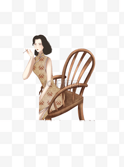 坐在木椅上手拿香烟的女人卡通元
