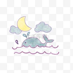 月亮下鲸鱼卡通手绘png