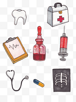 笔水粉图片_手绘风插画医疗用品设备医院设计