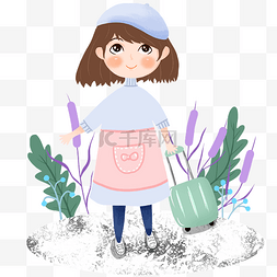 女孩行李箱插画图片_手绘春运蓝色的行李箱插画