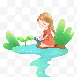 绿色的水壶图片图片_植树节绿色手绘给树苗浇水的女孩