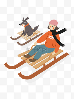 木雪橇车图片_手绘卡通女孩和狗狗做滑雪橇元素