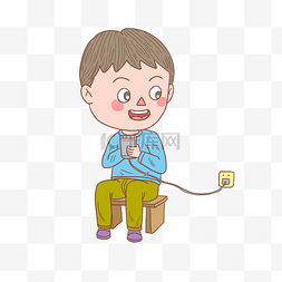 手绘坐着男孩图片_卡通手绘人物给手机充电少年