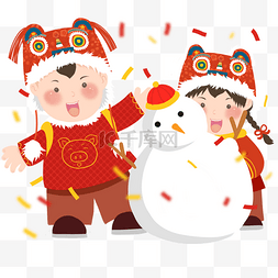2019年手绘中国风金童玉女堆雪人