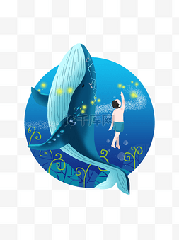 唯美梦幻生物鲸与男孩与鲸鱼游泳