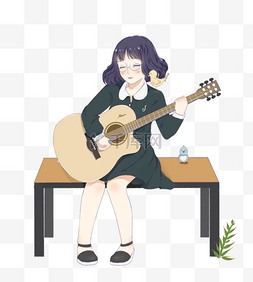 弹吉他的少女手绘插画