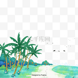 沙滩元素插画图片_夏日绿椰树沙滩插画