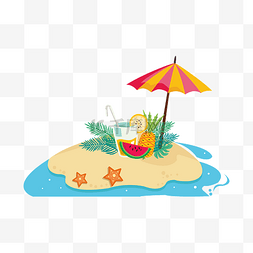 手绘沙滩图片_矢量手绘卡通沙滩海边雨伞