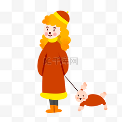 手绘卡通少女和小狗拜年