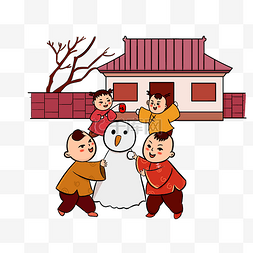 春节喜庆场景堆雪人手绘插画