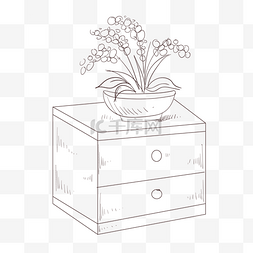 线描柜子图片_线描盆栽和柜子插画