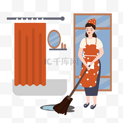 打扫卫生女人图片_卡通风新年打扫浴室的女人