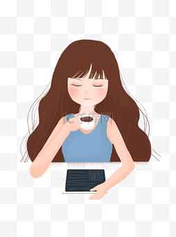 看平板电脑喝咖啡的女孩