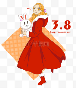 女孩节图片_三八妇女节抱兔子玩偶的红袍金发